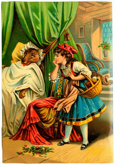 O Capuchinho Vermelho descobre o lobo na cama da sua avó (Cromolitografia do final do século XIX) de Unknown artist