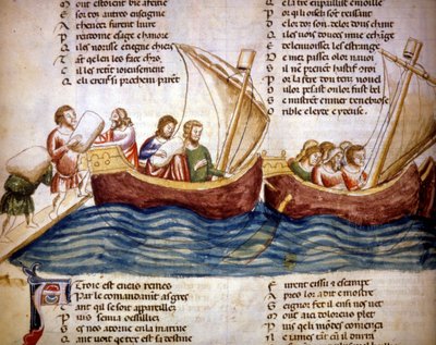 Carregando carga a bordo, no final do século XIII. Miniatura do "Roman de Troy" de Benoit de Saint Maure. Século XIV Biblioteca Marciana, Veneza de Unknown artist