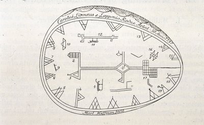 Tambor mágico de xamãs na Lapónia, ilustração de um livro sobre a viagem de Linne de Unknown artist