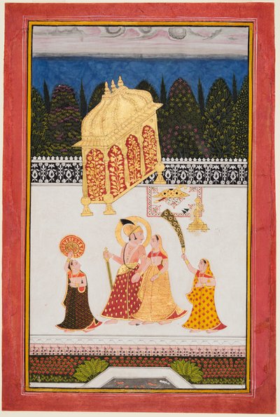 Maharana Ari Singh II de Mewar (r. 1761–73) com sua consorte em um terraço de Unknown artist