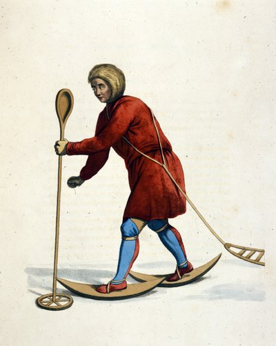 Homem da tribo Ostiak (Khanty ou Khante) (Sibéria) esquiando. Gravação de "O traje do império russo" Londres 1803. de Unknown artist