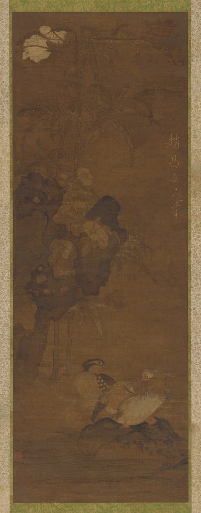 Patos mandarim, pedras e uma planta com flores de Unknown artist