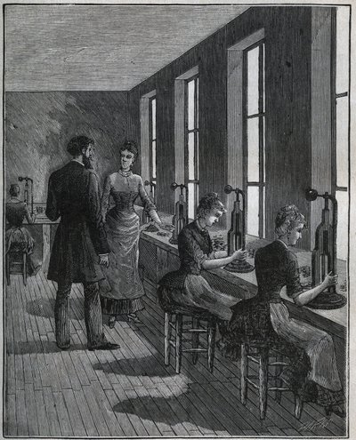 Fabrico de penas metálicas: oficina de decoupage em França no século XIX. Gravura a partir de 1885 em "Les arts et metiers illustres" de Adolphe BITARD. de Unknown artist