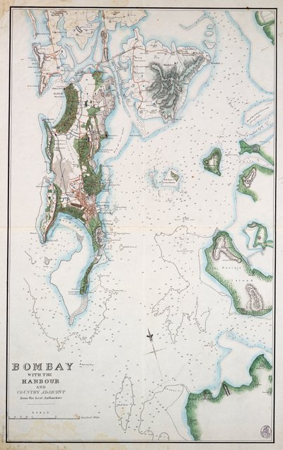 Mapa de Bombaim com o porto e o campo adjacente, mostrando também o Mar Arábico e o Golfo Pérsico, c.1855 (tinta, aguarela) de Unknown artist