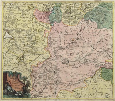 Mapa da província de Moscou e partes das províncias mais próximas - mestre anônimo - 1745 - gravura em cobre, aquarela - Academia de Ciências, São Petersburgo de Unknown artist