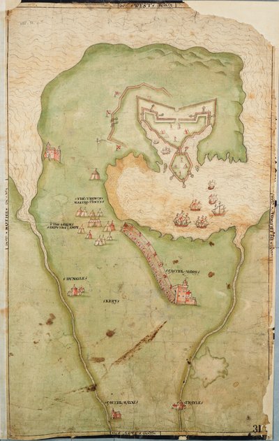 Mapa de Smerwick, Irlanda, mostrando a terraplenagem inglesa com dois canhões para atacar o forte espanhol e soldados ingleses a marchar para fora de Castell More de Unknown artist