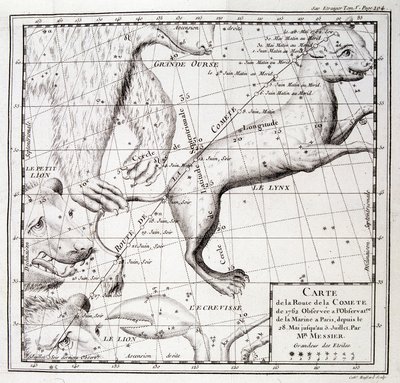 Mapa da estrada do cometa 1762 e mapa do céu, observado por Messier - gravura de Unknown artist