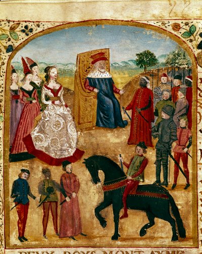Margaret de York (ou Margaret Plantagenet ou de Borgonha ou da Inglaterra) (1446-1503) conhece seu marido Charles de Valois Borgonha conhecido como Charles the Temerary, Duque de Borgonha a Damme 03/07/1468 Miniatura retirada do "Livro de Fatos de Alexandr de Unknown artist