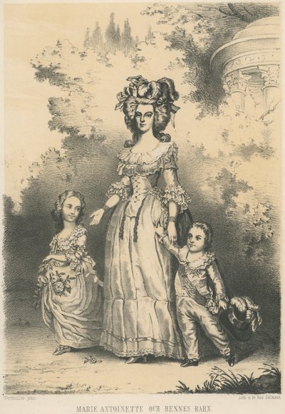 Marie-Antoinette caminhando com os seus filhos (litho) de Unknown artist