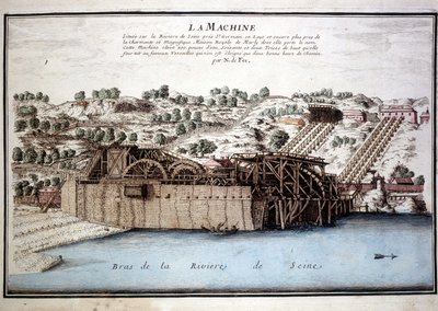 A máquina de Marly de Rennequin era utilizada para conduzir as águas do Sena até Versalhes através do aqueduto de Marly. Gravura a partir de 1700. de Unknown artist