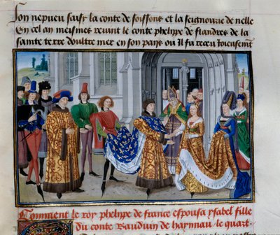Casamento de Philippe Auguste (1165-1223) e Isabelle de Hainault (28 de Abril 1181). Miniatura em "Crônicas dos Imperadores" de Loyset Liedet (1420-1479) de Unknown artist