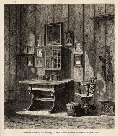 O quarto de Martin Lutero (1483-1546) em Wartburg onde ele se refugiou após sua excomunhão em 1521, com seu retrato e os de seus pais acima da escrivaninha, sob cujos olhos ele traduziu a Bíblia para o alemão e redia seus textos mais famosos. A tinta de Unknown artist