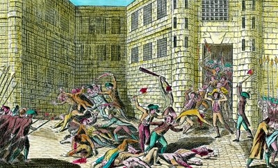 Massacre dos prisioneiros da Abadia de Saint Germain pelo povo em setembro de 1792. Cena da revolução francesa. Gravura do século XVIII. Colecção privada. de Unknown artist