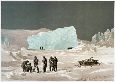 Homens e trenós no gelo - em "The shores of the polar sea, an Arctic expedition narration", do Dr. Edward Moos, Marcus Nard & Co, Londres de Unknown artist