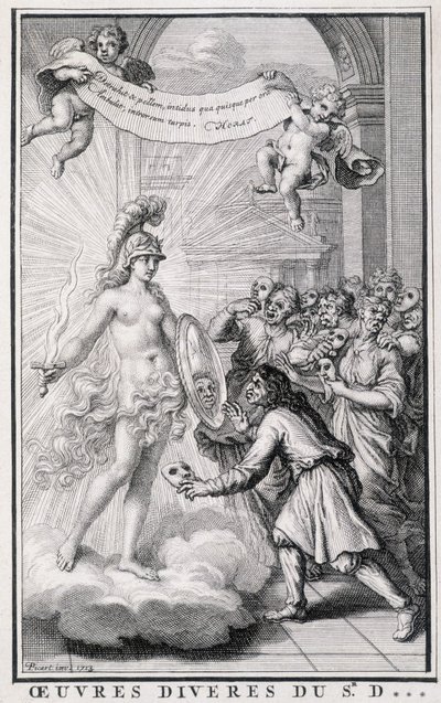 Homens a olharem-se a si próprios sem as suas máscaras em frente ao espelho da alegoria da verdade. Gravura do século XVIII. de Unknown artist