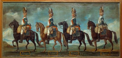 Uniformes militares de dragões, segundo a ordem de 1779: regimentos de Lanan (n. 20), Belsunce (n. 21), Languedoc (n. 22), Schomberg (n. 24), pintura anônima de 1779. Paris, Musee de l
