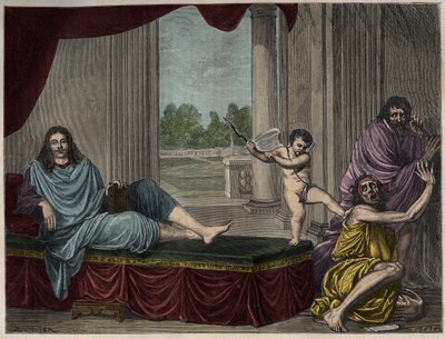 Moliere Jean Baptiste Poquelin (1622-1673) evocando o Génio da comédia para derrubar o vício e acabar com a hipocrisia - Gravura depois de uma pintura que desapareceu do século XVII de Unknown artist