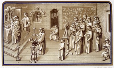 Monges em uma capela do mosteiro: oração e coro. Grisaille dos Milagres de Nossa Senhora. Cromolitografia. Século XIX de Unknown artist