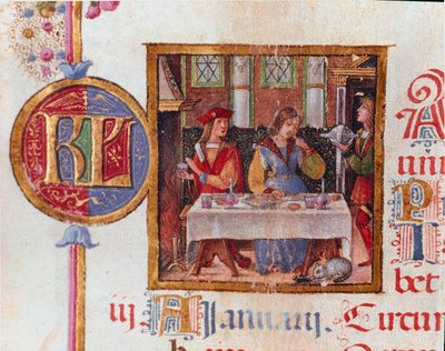 Mês de Janeiro: cena do banquete. Miniatura do Breviário de Hércules (Ercole) I d