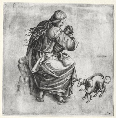 Mãe e filho com dois cachorros de Unknown artist