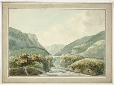 Cidade de montanha com ponte sobre rápidos de Unknown artist