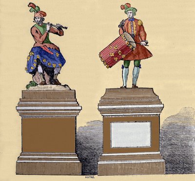 Autómatos de músicos: "O tocador de flauta traversa" (1737) e o "Tamborimista" (1738). São feitos por Jacques de Vaucanson (1709-1782), engenheiro francês. de Unknown artist