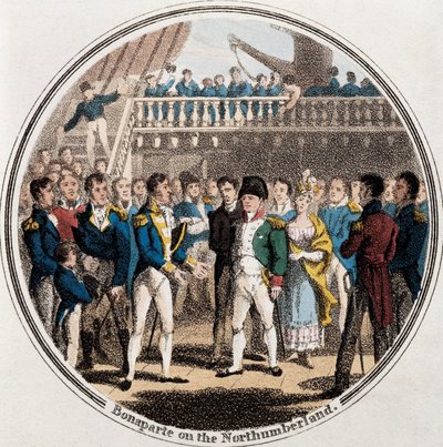 Napoleão Bonaparte e o almirante inglês George Cockburn em Northumberland acompanhados por Madame Bertrand (cor litho) de Unknown artist