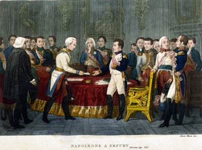 Napoleão I (1769 - 1821) com Alexandre I em Erfurt em 1808. de Unknown artist