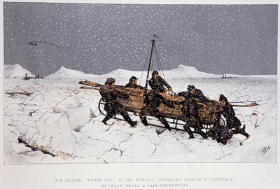 Perto do rio, Golfo de São Lourenço: barco num trenó, perto de Brule e do Cabo Tormentino - em "Sketches of canadian sports and pastimes" de Lieut. Henry Buckton Laurence de Unknown artist