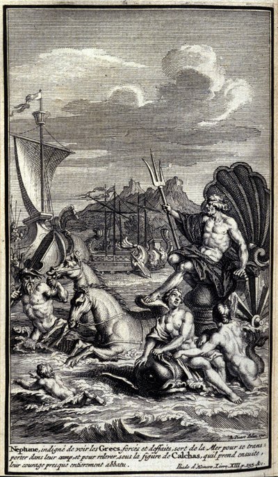 Neptuno, indigno de ver as forças e obras dos gregos, deixa o mar para se transportar para o seu acampamento e para se erguer sob a figura de Calchas que então toma, sua coragem quase totalmente destruída. Ilustração do livro XIII da Ilíada de de Unknown artist