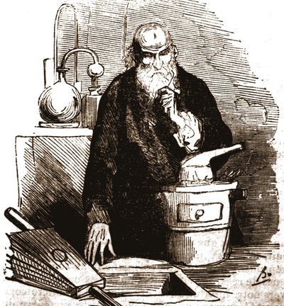 Nicolas Flamel (1330 - 1418) em seu laboratório. de Unknown artist