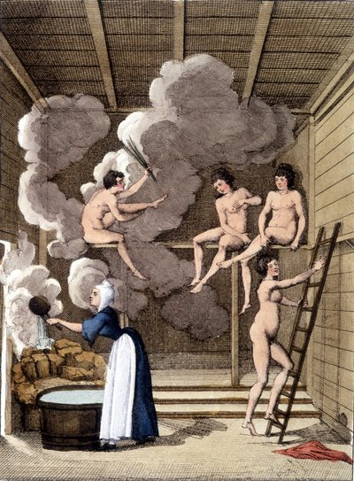Personagens nuas em uma sauna filandesa. Gravura de 1811 inclui um livro sobre a viagem. de Unknown artist