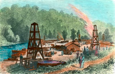 Poços de petróleo na Fazenda Tarr, na Pensilvânia, EUA. Gravura do século XIX. Coleção particular de Unknown artist