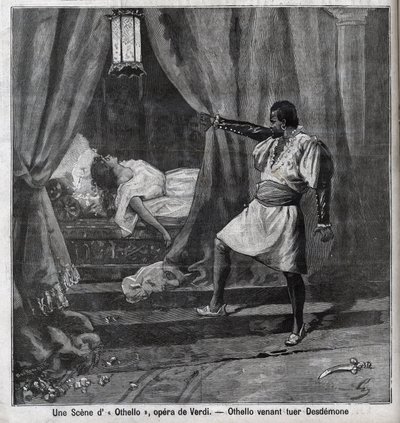 Othello acabou de matar o Desdemone na sua cama. Cena da ópera "Othello" de Giuseppe Verdi (1813-1901) Gravação em "Le Parisien" de Unknown artist