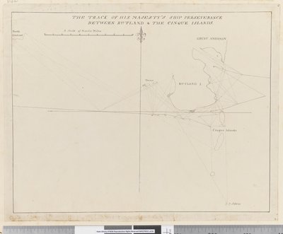 Página 38b O rasto do navio de Sua Majestade Perseverança entre Rutland e as Ilhas Cinque (caneta e tinta) de Unknown artist