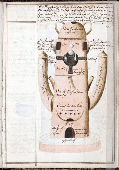 Página de um caderno alquímico, uma máquina alquímica - Trabalho de Johann Grasshoff (Grasshof ou Grasse) (1560-1623), aguarela sobre pergaminho (14,6x10 cm), c. 1620 - (Caderno alquímico, Aguarela sobre pergaminho de J. Grasshoff, c. 1620) - Universidade  de Unknown artist