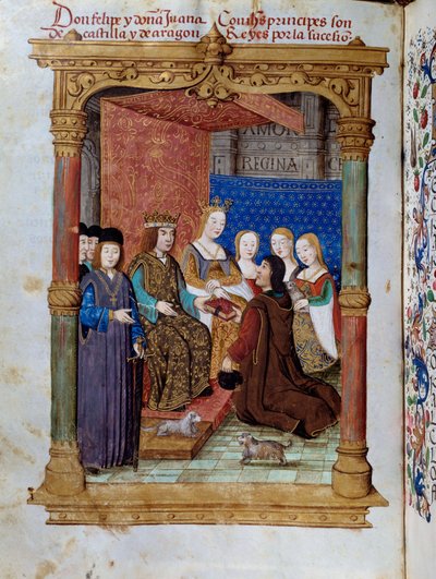 Pedro Marcuello apresentando seu livro ao Rei Felipe I de Hasburg conhecido como o Belo (1478-1506) e à Rainha Joana Iere o Folle of Castile (1504-1555). Miniatura em "Devocionario de la Reyna Da Juana a Quien Llamaron la Loca" de Pedro Marcuello de Unknown artist