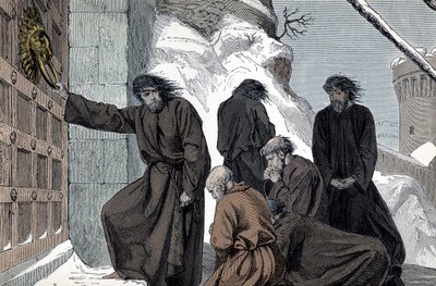 Penitência de Henrique IV da Alemanha em Canossa - O Imperador alemão Henrique IV (1050 - 1106) a Canossa (A penitência do Santo Imperador Romano Henrique IV, Canossa, Itália, janeiro de 1077. Henrique em pé descalço na neve, vestindo uma camisa de cabelo, de Unknown artist