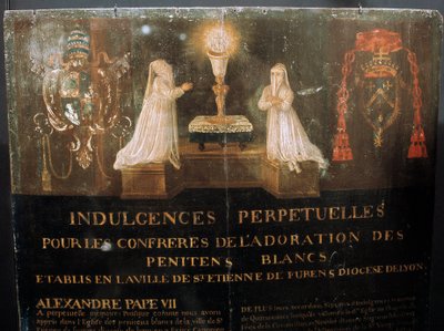 Indulgência perpétua concedida pelo Papa Alexandre VII aos membros da Confraria dos Penitentes Blancos da cidade de Santo Estêvão, por volta de 1668. Pintura em madeira. de Unknown artist