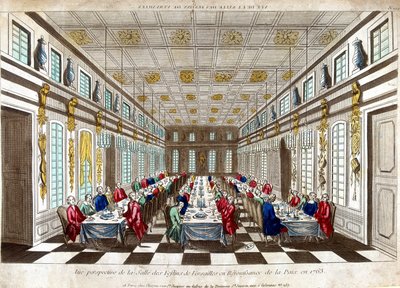 Perspectiva da Salle des Festins de Versailles em celebração da paz em 1763 entre a Grã-Bretanha, França e Espanha. de Unknown artist
