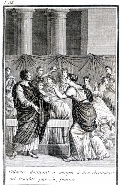 O Pillacus a dar o jantar a estranhos é incomodado pela mulher. de Unknown artist