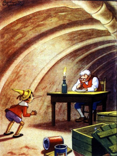 Pinóquio encontra o seu pai na caverna de um peixe enorme. Ilustração do conto de Carlo Collodi. de Unknown artist