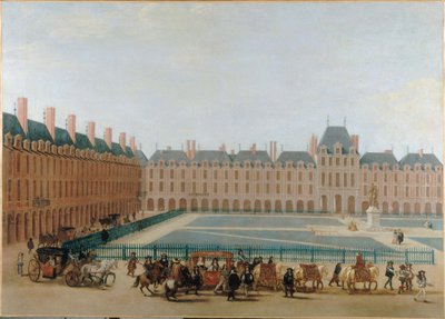 Place Royale, cerca de 1660; passagem da carruagem do Rei. Atual Place des Vosges, 4º arrondissement, cerca de 1655 -1665 (óleo sobre tela) de Unknown artist
