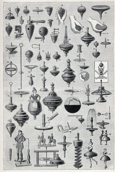 Placa mostrando uma coleção de gira-discos com diferentes formas e sistema de rotação. Gravura em "La Nature". de Unknown artist