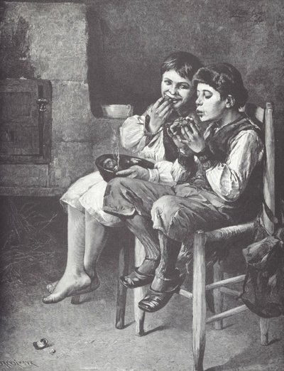 Pobres rapazes a comer, finais do século XIX (gravura em madeira) de Unknown artist
