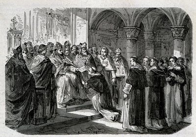O Papa Adrien II (792-872) entregou a um de seus legados uma bolha de excomunhão contra o Senhor Normand. Gravura - em "History of the Popes", sd. Século XIX. de Unknown artist