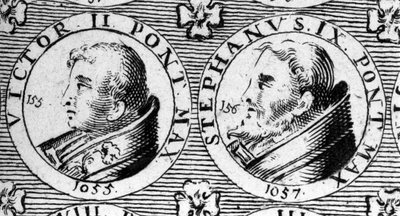 Papas Victor II (ou Victor 2 morreu 1057) e Stephen IX (ou Stephane 9 morreu 1058). Gravura do século XVIII. de Unknown artist