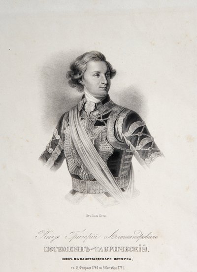 Retrato de Grigory Aleksandrovich Potemkin ou Potiomkin (Príncipe Grigory Aleksandrovich Potemkin-Tavricheski (Potemkin Tavricheski) (1739-1791), soldado russo e homem do governo - gravura do final do século XVIII de Unknown artist
