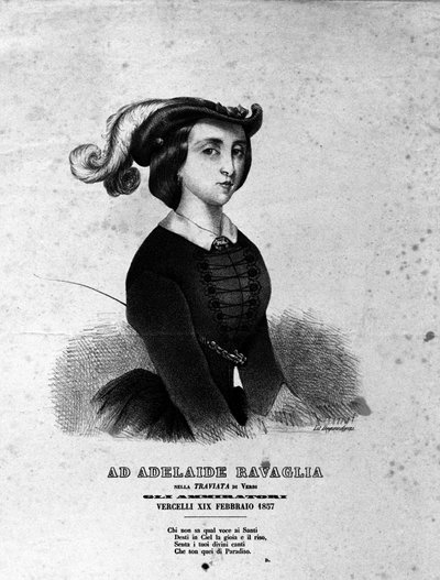Retrato de Adelaide Ravaglia na representação da ópera "La Traviata" de Giuseppe Verdi, de 1857. de Unknown artist
