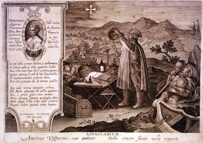 Retrato de Amerigo Vespucci (1454 - 1512), navegador italiano, representado enquanto usava um astrolábio. Numa caixa à esquerda está um retrato de Dante Alighieri, assim como uma passagem da primeira canção do Purgatório da Divina Comédia. Gravura do 18º c de Unknown artist